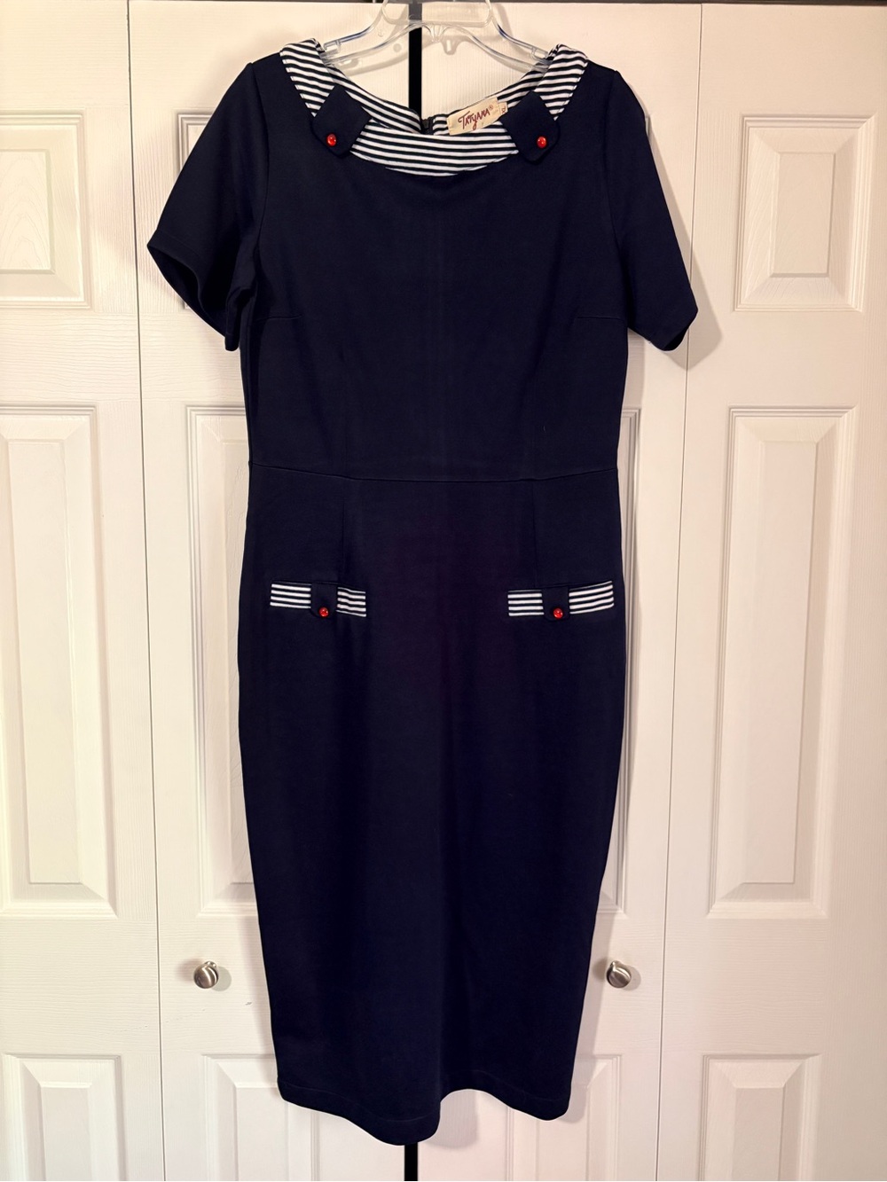 Tatyana Navy Midi Dress with Striped Trim and Red Buttons